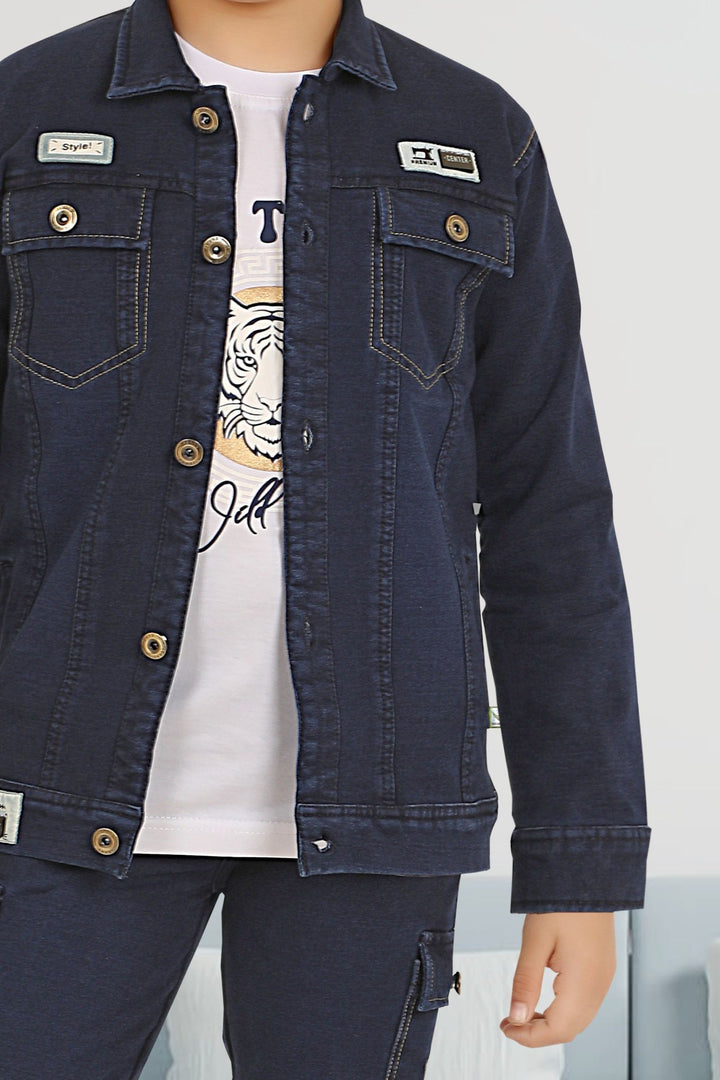 Indigo Blue with White Printed Blazer, T-Shirt and Pant Set for Boys