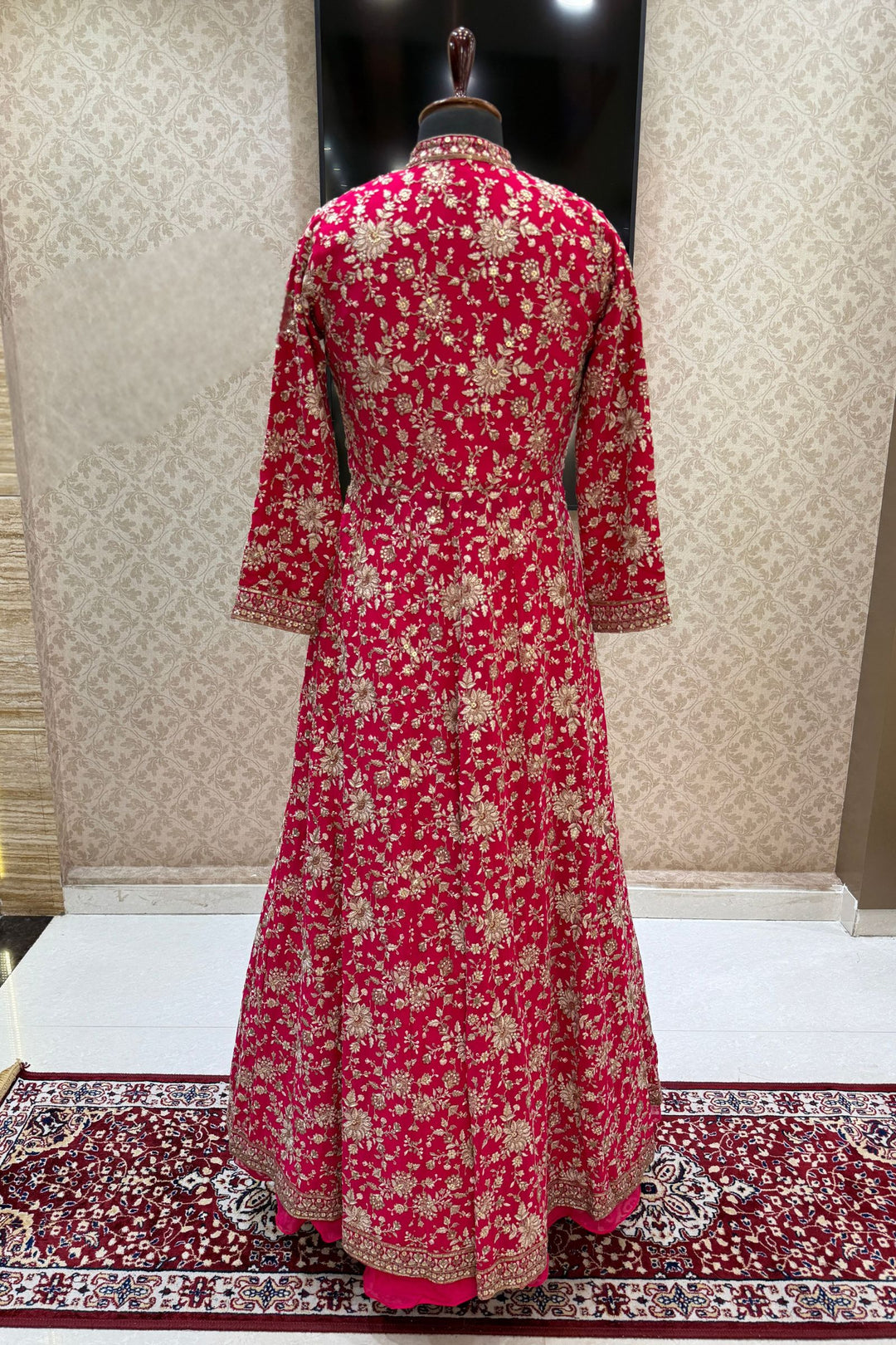 Rani Pink Embroidery and Sequins work Mastani Styled Long Top Lehenga