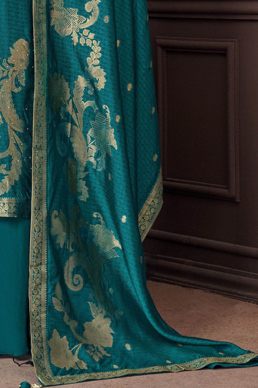 Rama Blue Banaras, Zardozi, Zari, Sequins, Stone and Jacquard work Palazzo Salwar Suit