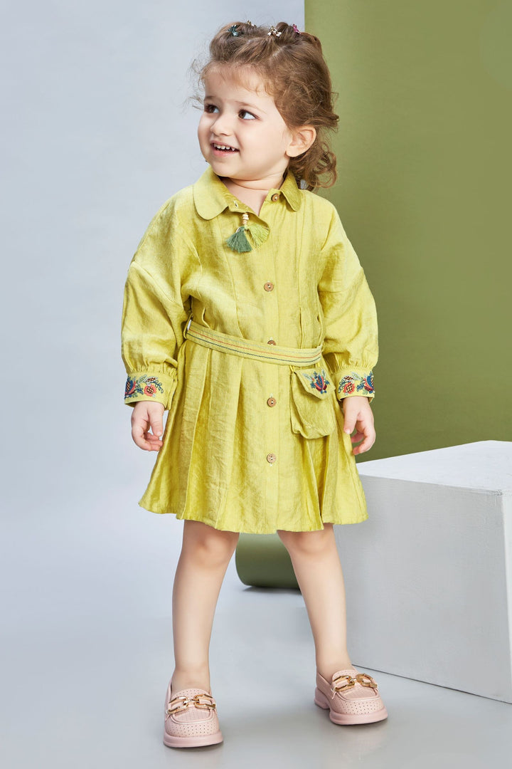 Liril Green Thread work Short Frock for Girls with Belt