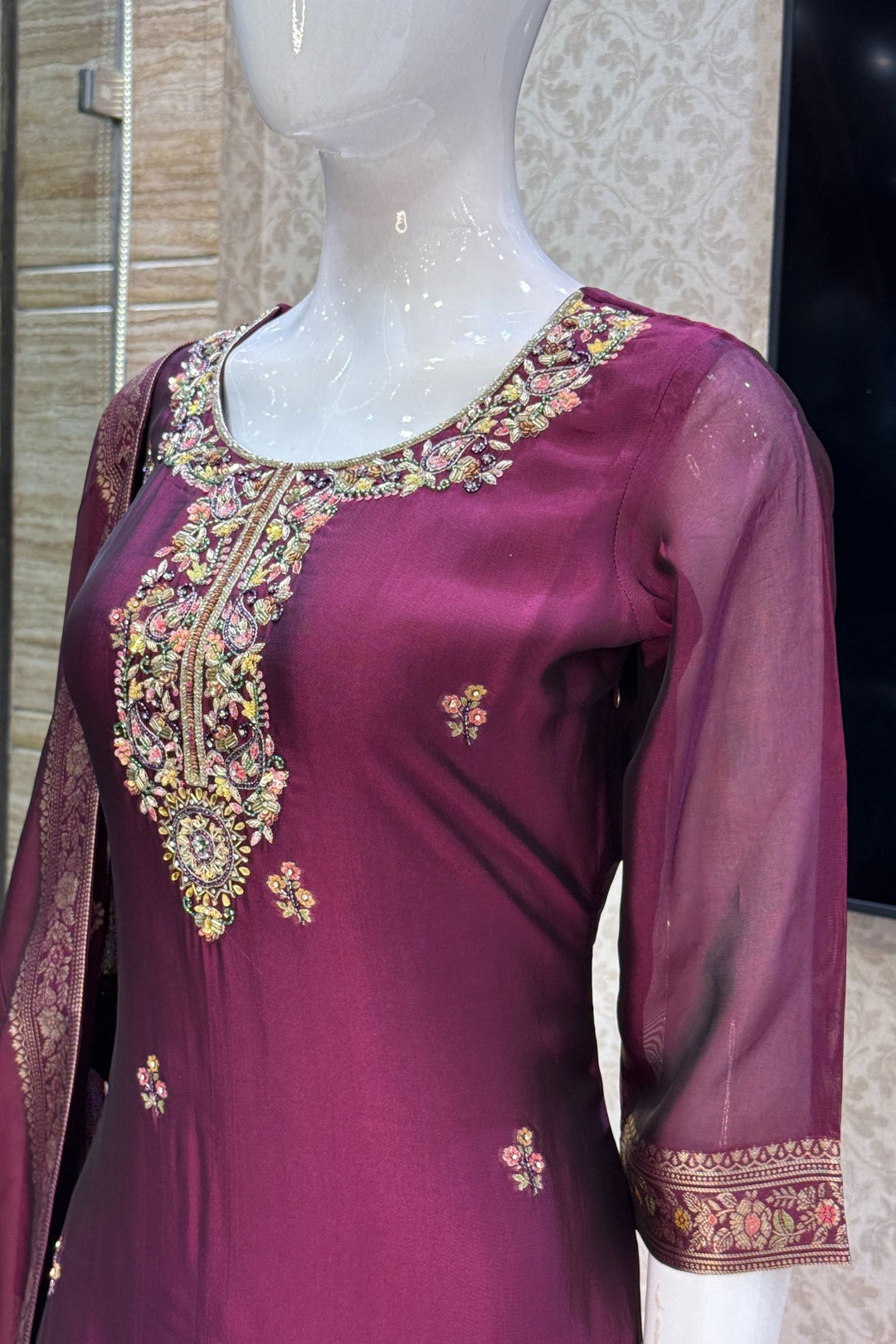 Wine Beads, Sequins, Zari, Stone, Banaras and Jacquard work Straight Cut Salwar Suit