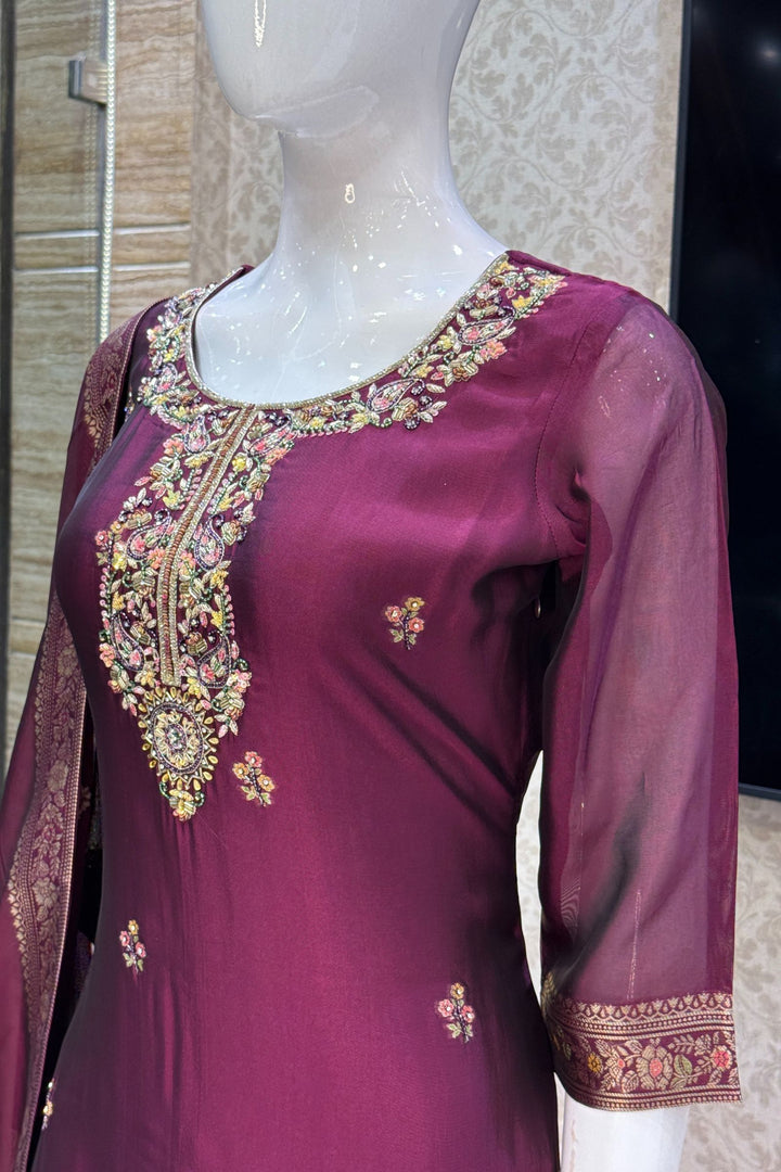 Wine Beads, Sequins, Zari, Stone, Banaras and Jacquard work Straight Cut Salwar Suit