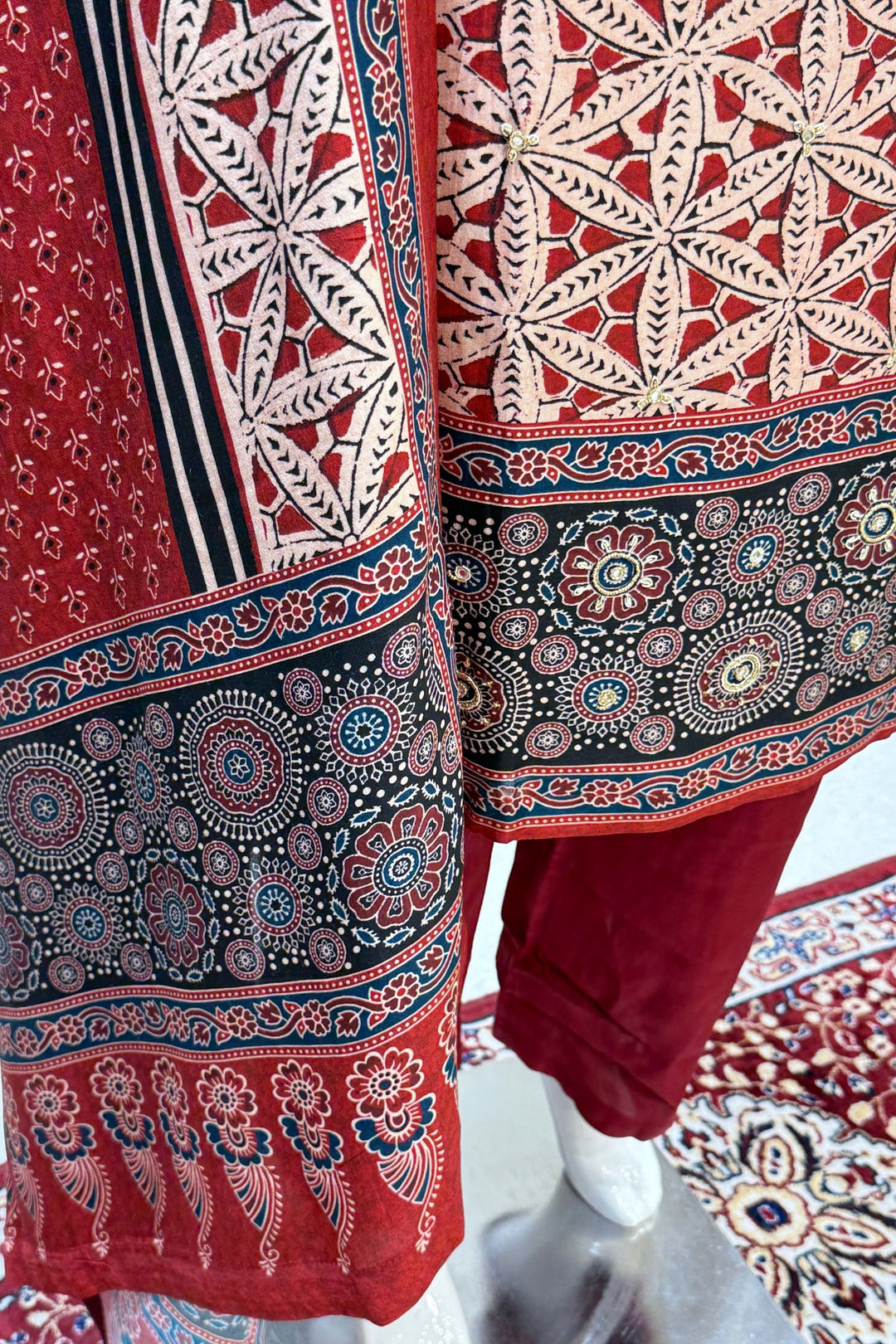 Maroon with Beige Sequins and Beads work with Ajrakh Print Straight Cut Salwar Suit