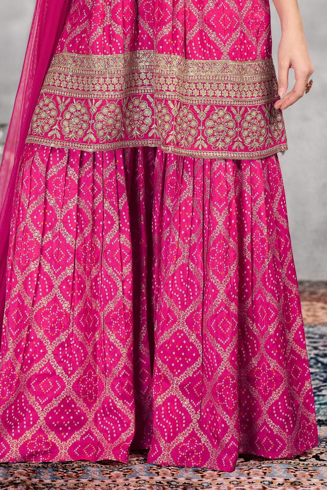 Rani Pink Sequins, Zari, Mirror and Beads work with Bandini Print Sharara Suit Set for Girls