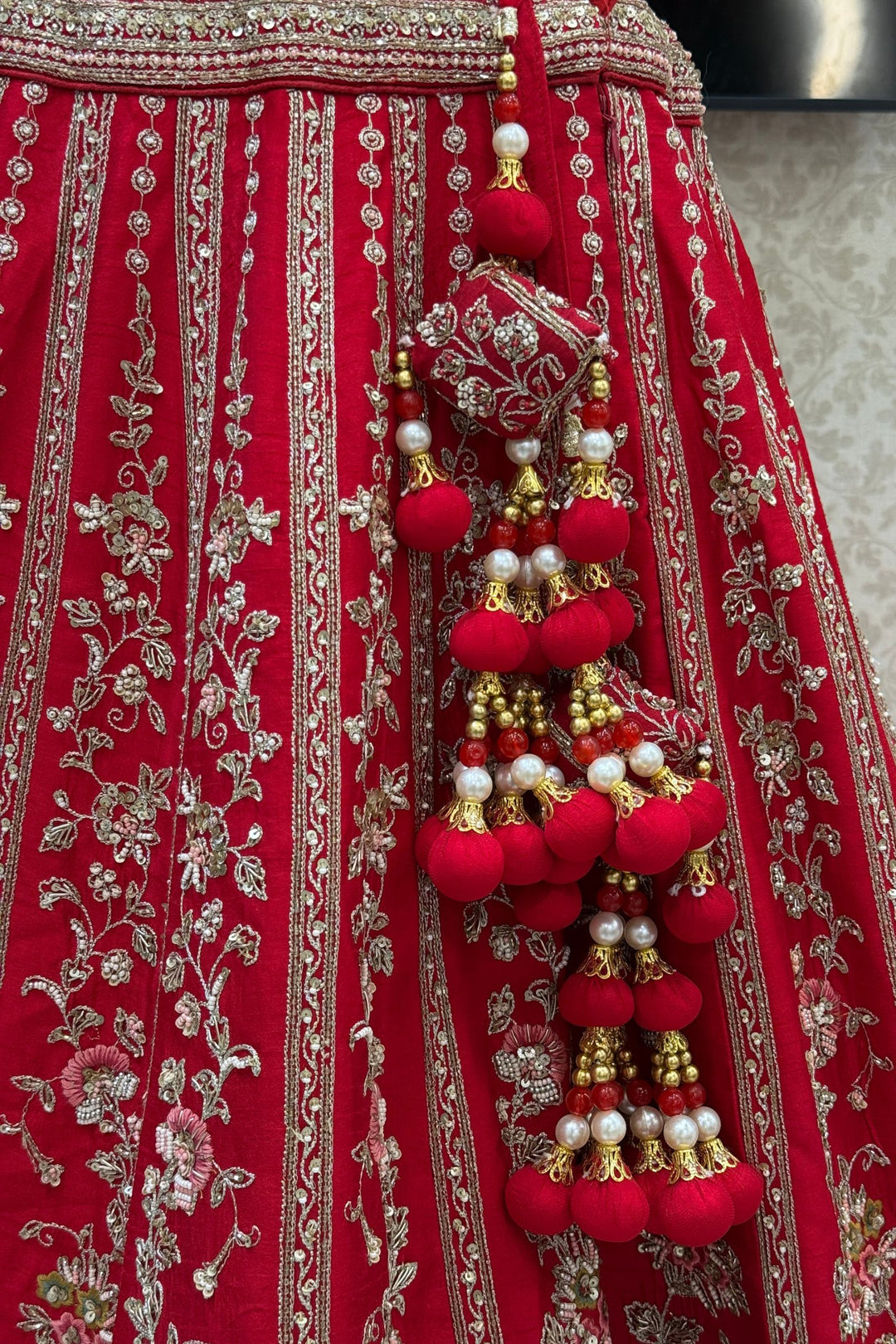 Red Handcrafted Bridal Lehenga with Intricate Zardozi, Sequins, Pearl and Zari Detailing