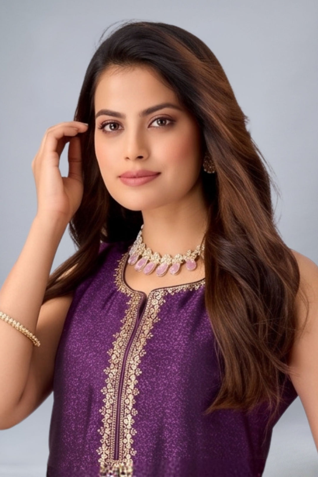 Purple Zardozi, Stone, Mirror, Zari and Banaras work Straight Cut Salwar Suit