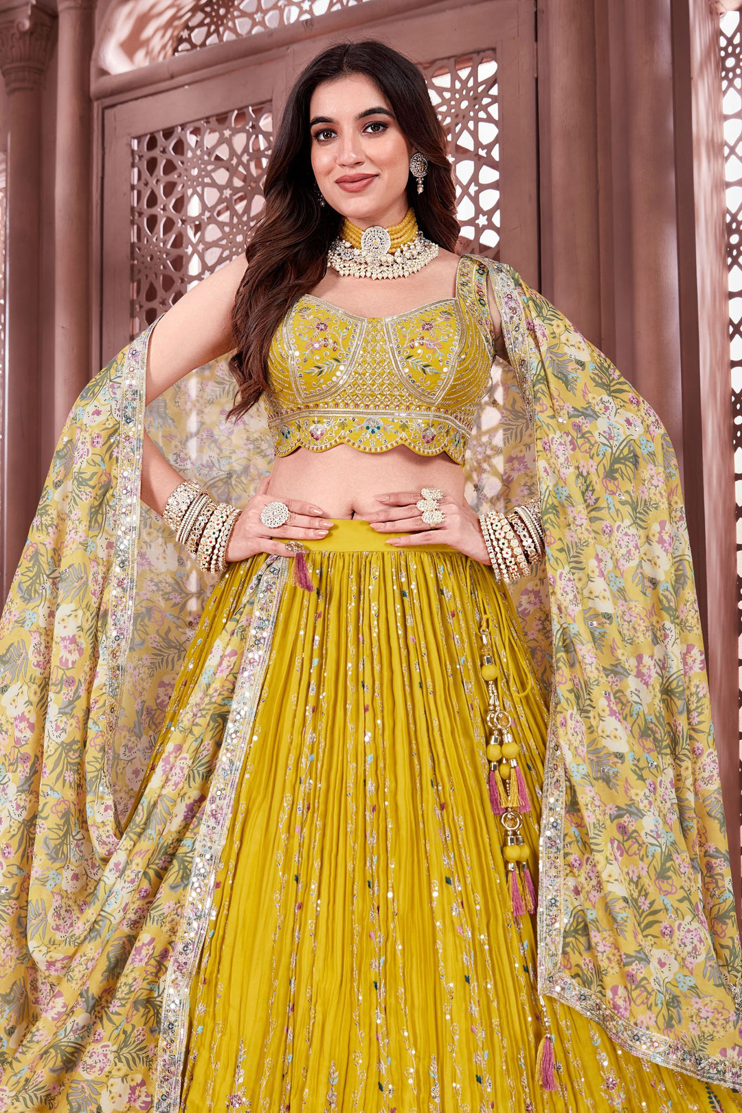 Yellow Multicolor Thread, Zari and Sequins work Crop Top Lehenga