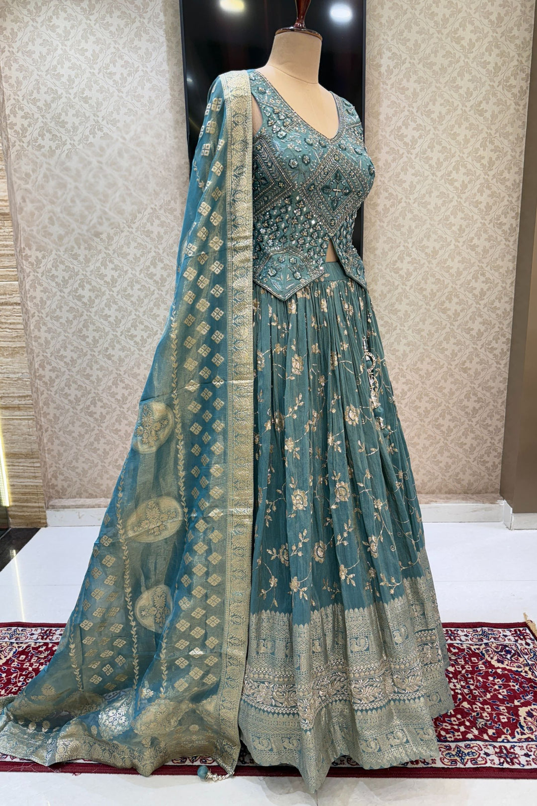 Teal Green Mirror, Zardozi, Sequins, Beads, Stone and Banaras work Peplum Style Lehenga