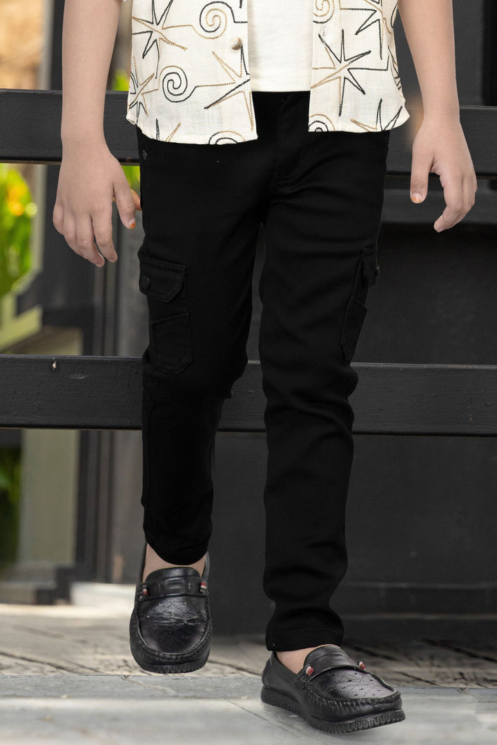 Cream Blazer, Printed T-Shirt and Black Pant Set for Boys