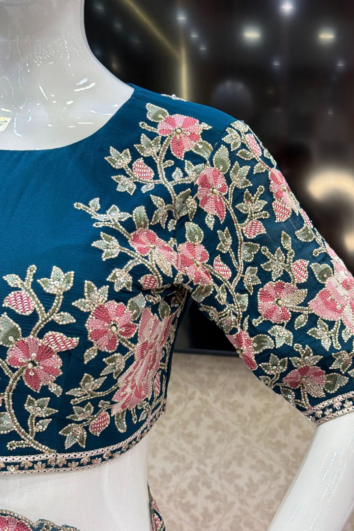 Peacock Green Embroidery, Sequins, Pearl and Zari work Saree