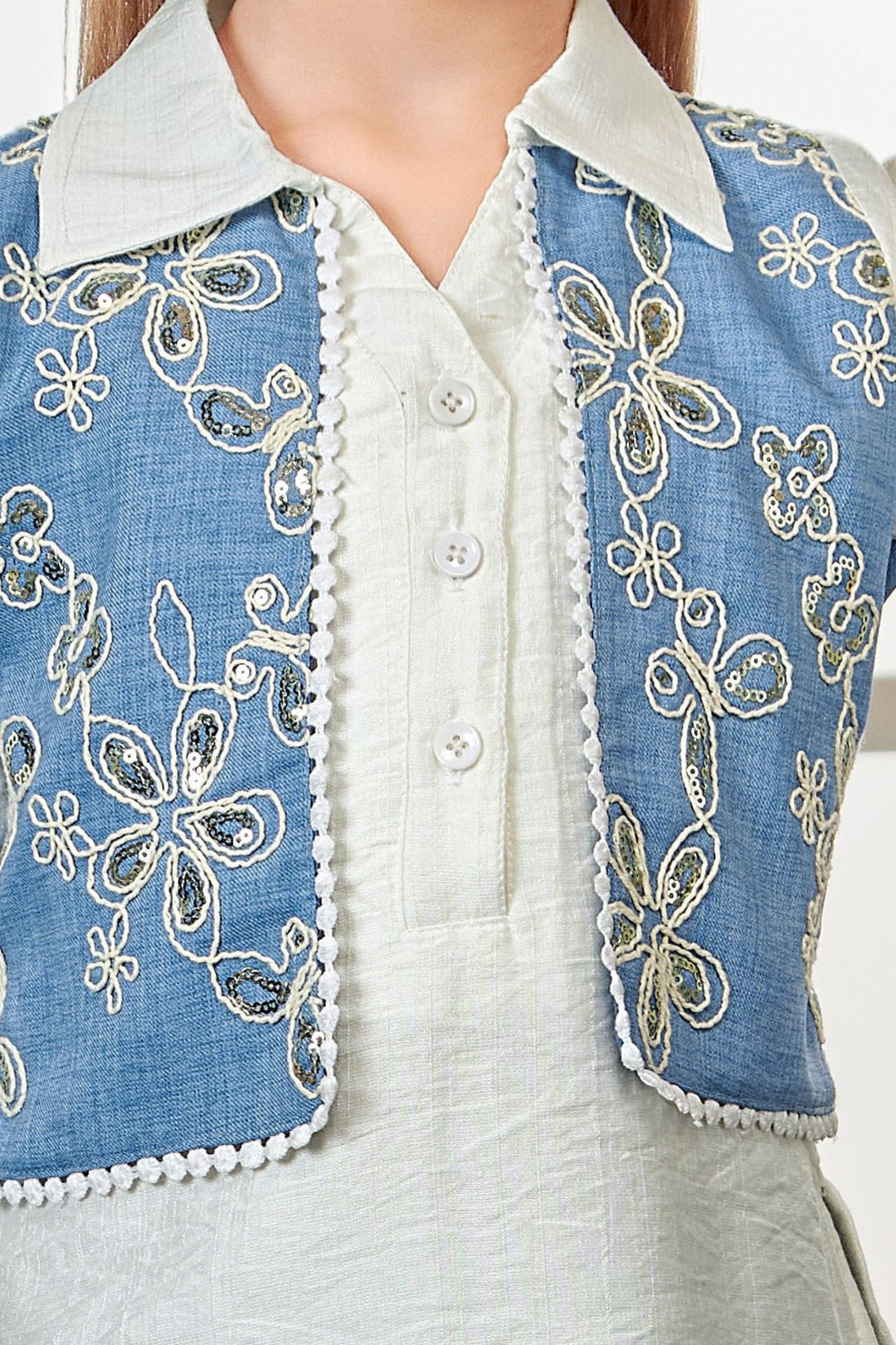 Cream with Light Blue Sequins and Thread work Palazzo Set for Girls