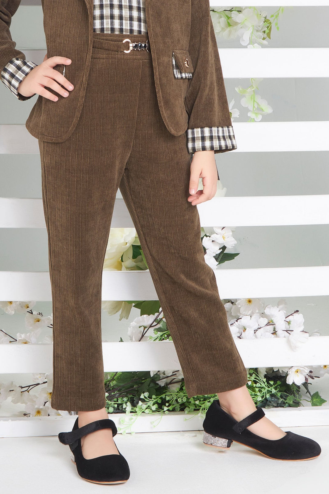 Green with Cream Checked Overcoat Styled Top and Pant Set for Girls