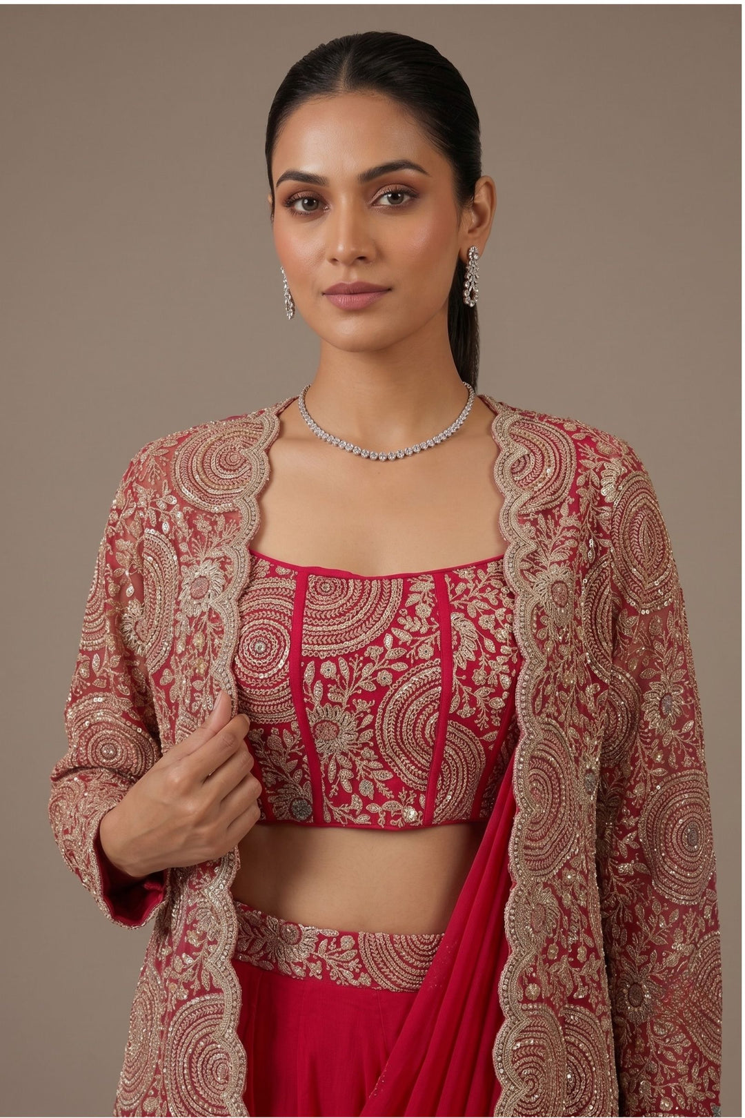 Rani Pink Drape Style Lehenga with Sequins, Stone and Zari work Long Overcoat