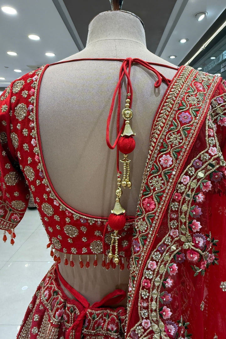Designer Bridal Red Lehenga with Rich Multicolor Embroidery, Stone and Mirror Work