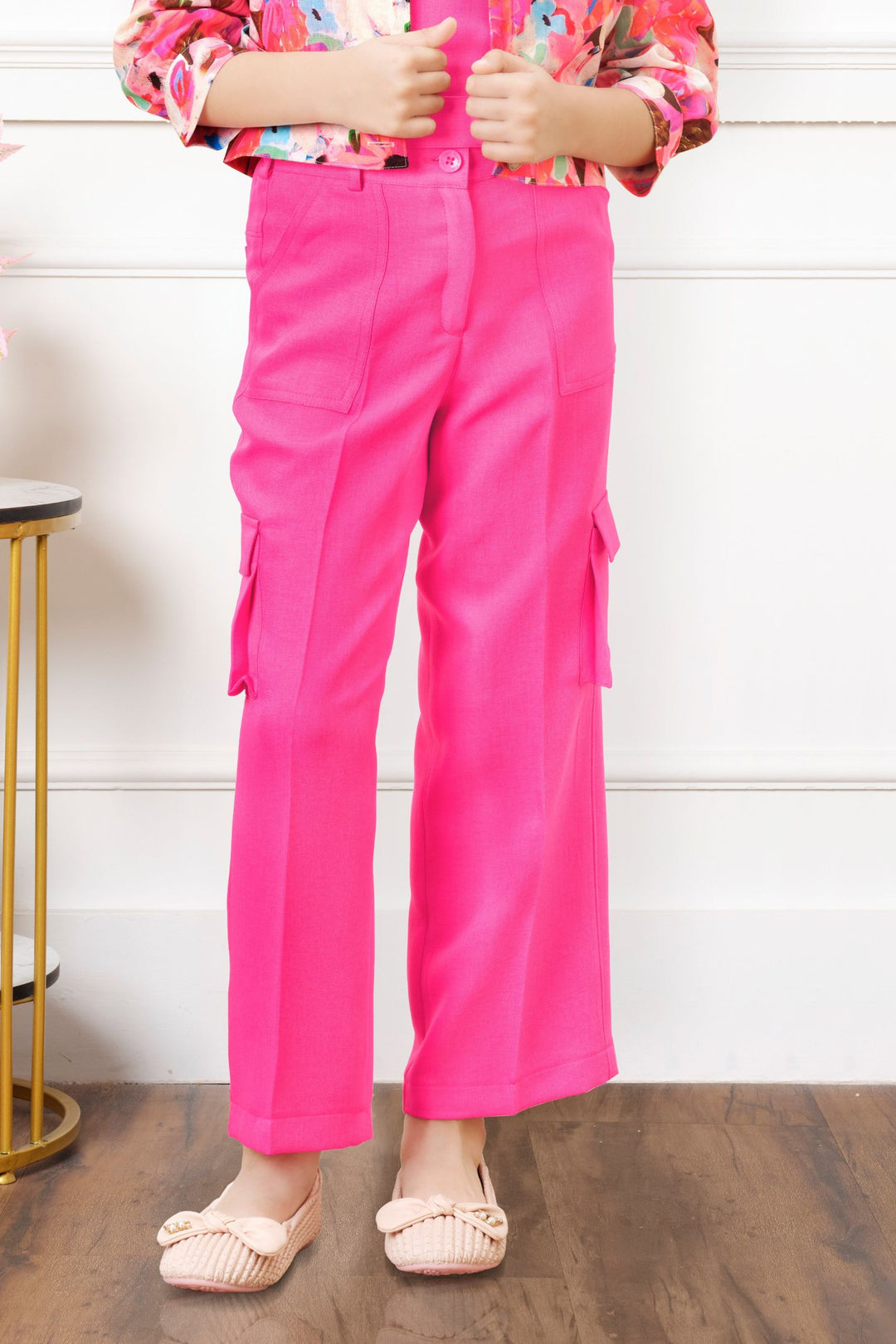Neon Pink with Multicolor Digital Print Jacket Styled Co-ord Set for Girls