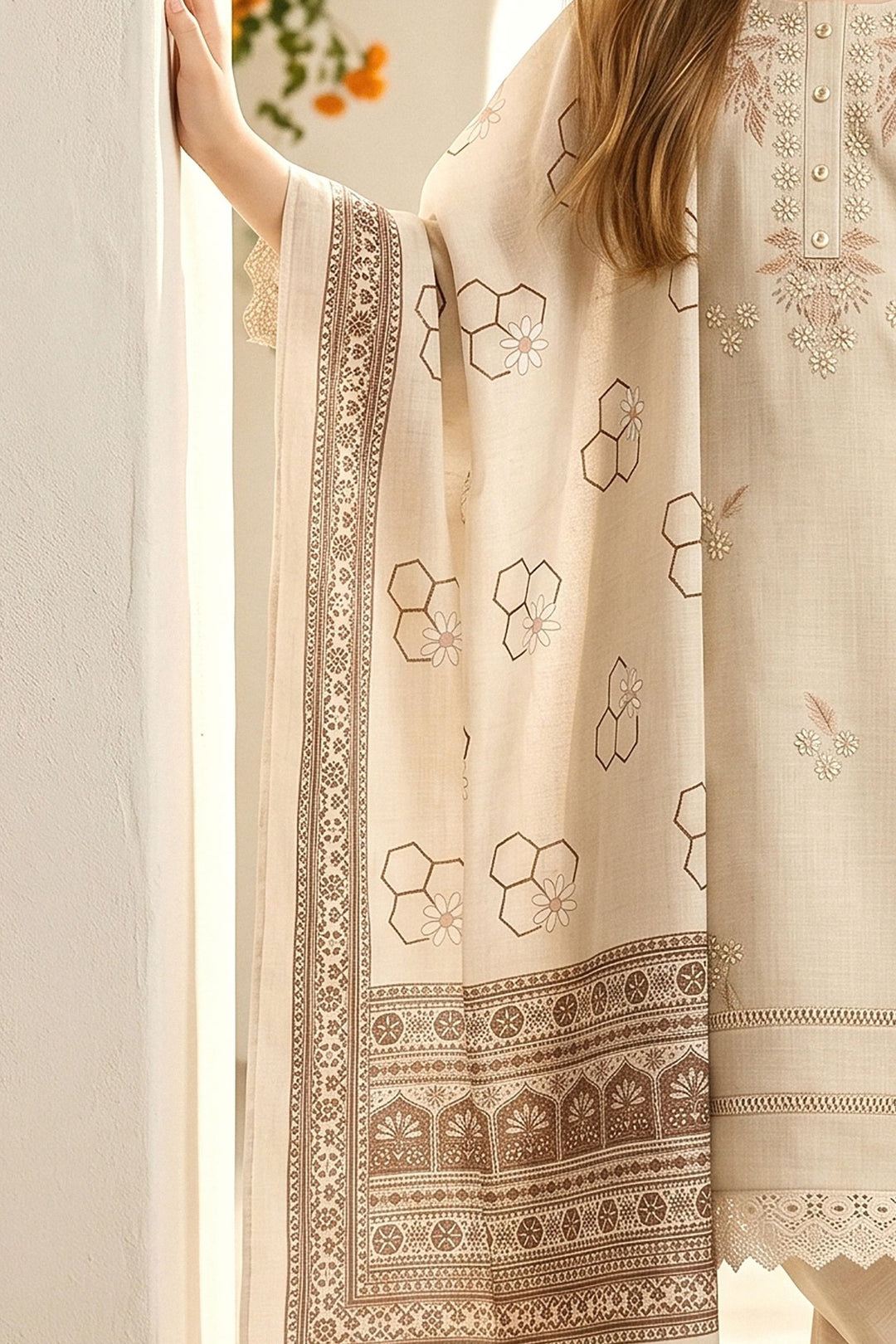 Cream Embroidery work Salwar Suit for Girls