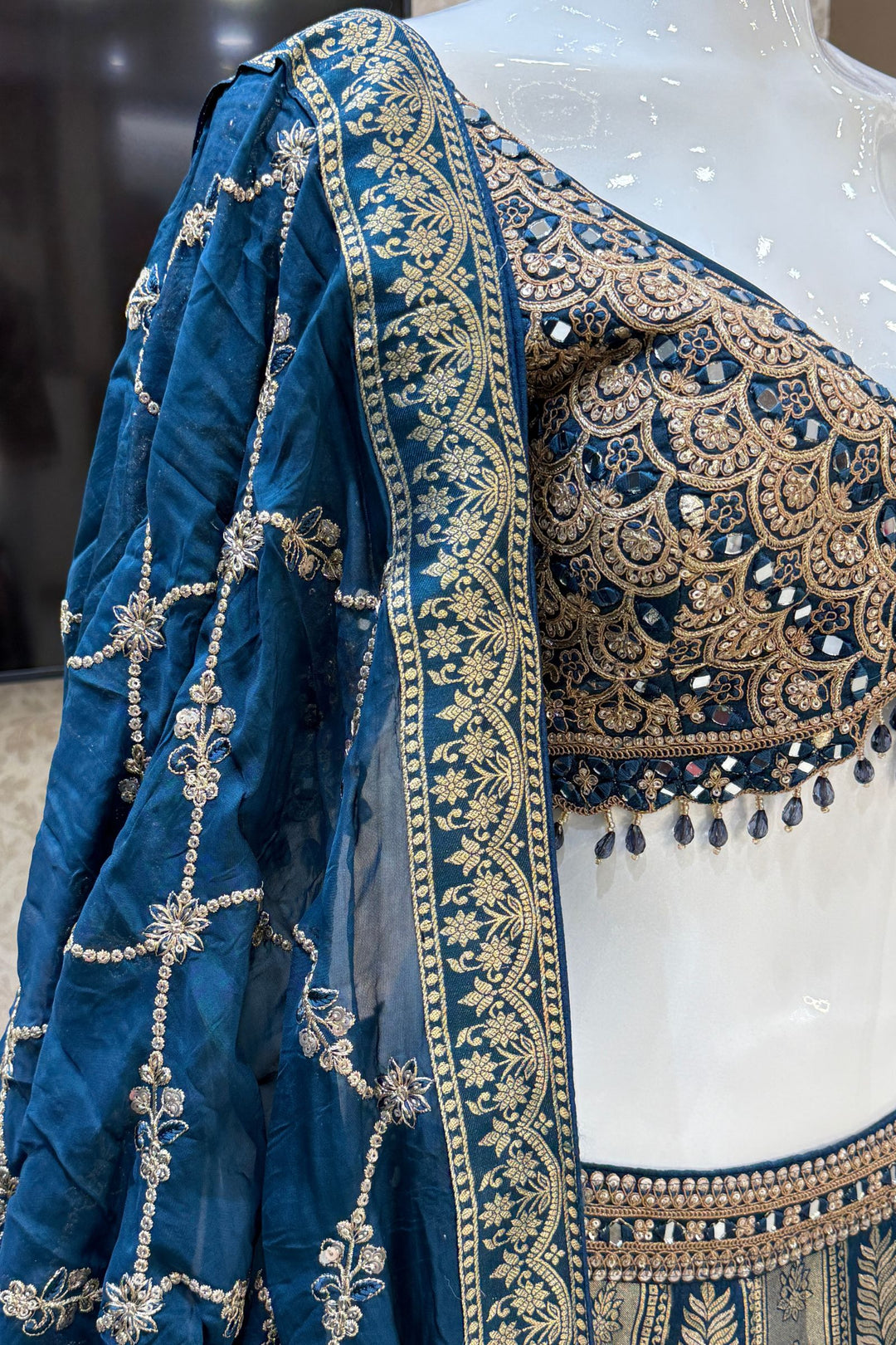 Peacock Blue Mirror, Beads, Zari, Sequins and Banaras work Crop Top Bridal Lehenga