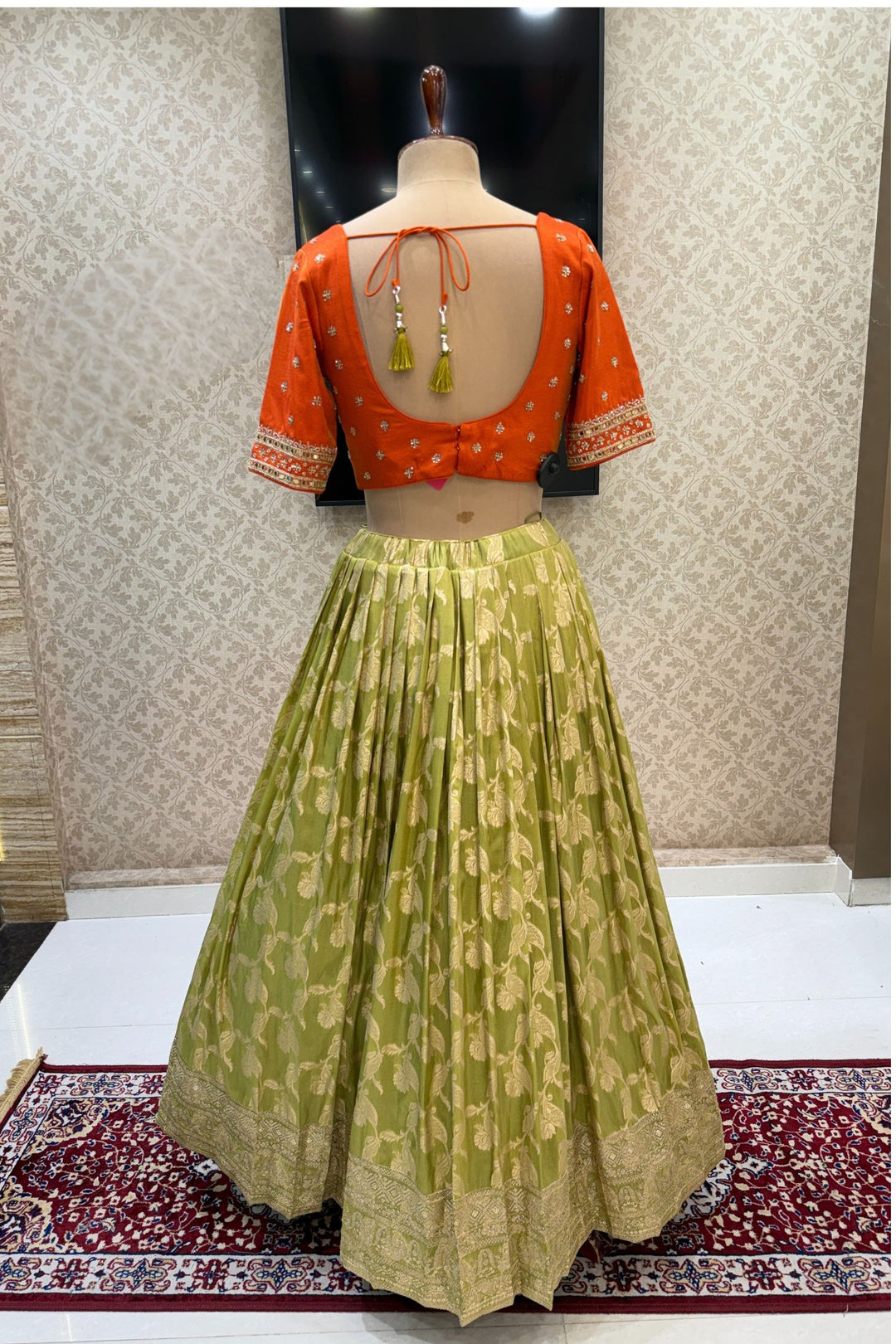 Orange with Pista Green Beads, Sequins, Mirror and Banaras Zari work C Seasons Chennai Orange with Pista Green Beads, Sequins, Mirror and Banaras Zari work C Seasons Chennai