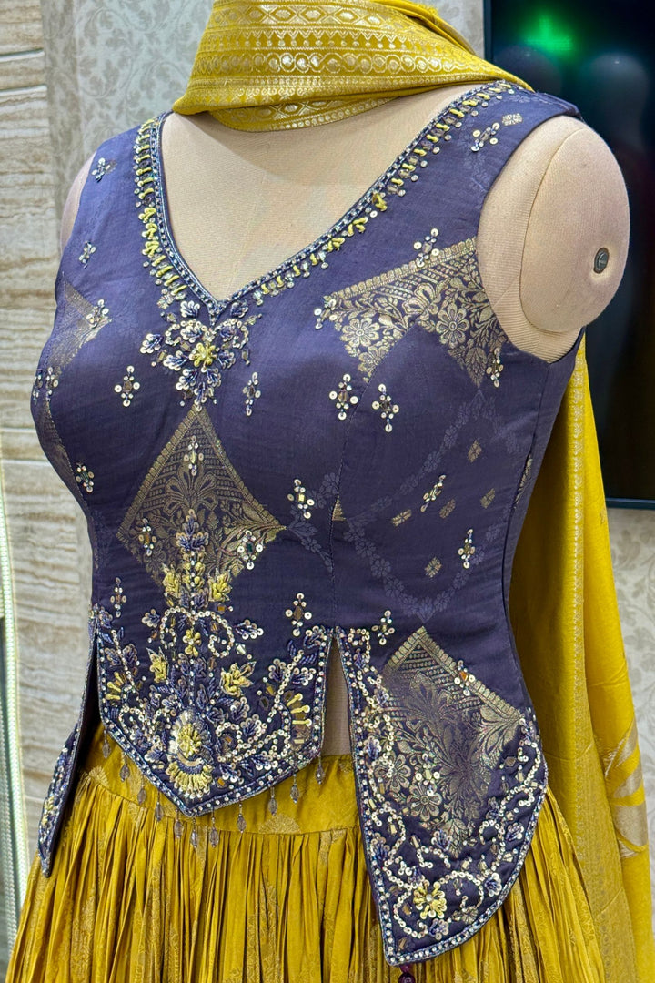 Dark Grey with Mustard Banaras, Mirror, Stone and Zari work Peplum Style Lehenga