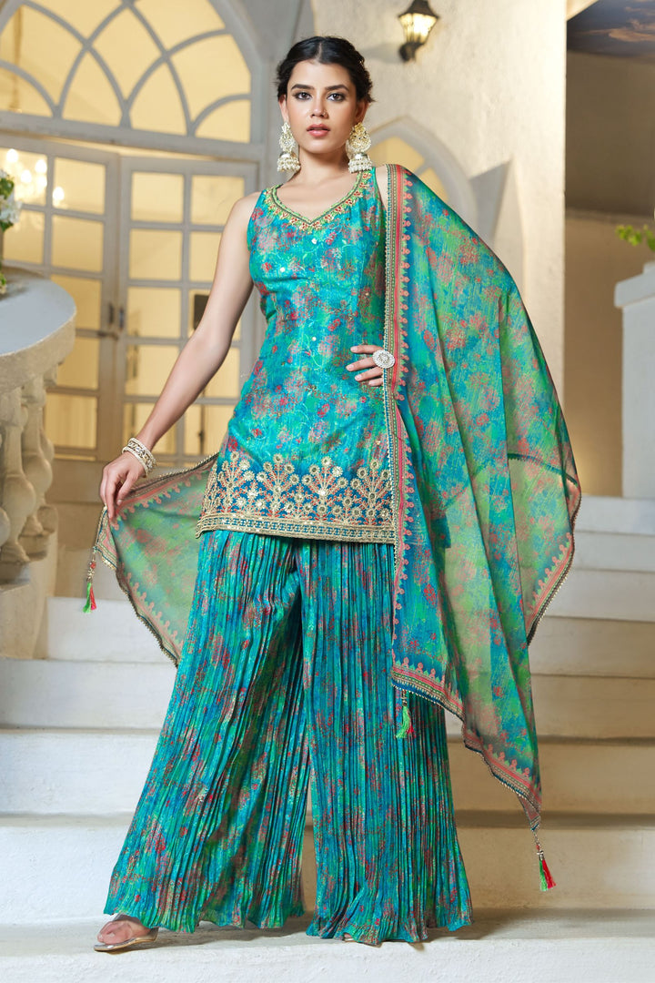 Rama Blue Beads, Sequins, Zari, Thread and Zardozi work Sharara Suit Set