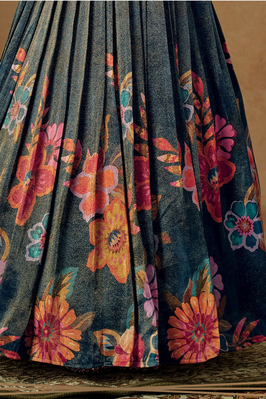 Peacock Blue Mirror, Stone, Sequins and Beads work with Floral Print Long Party Gown for Girls