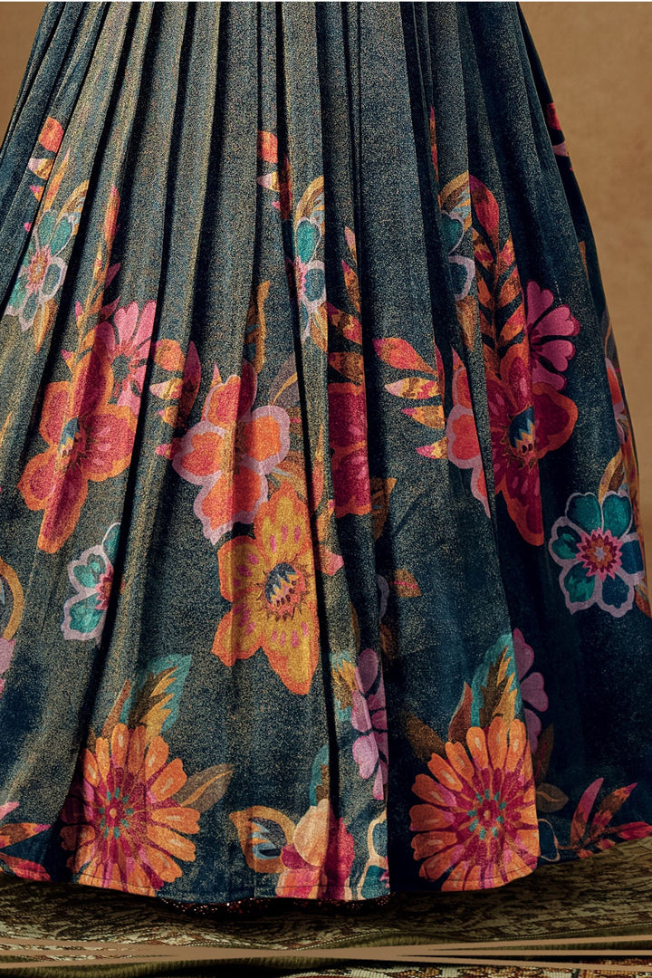 Peacock Blue Mirror, Stone, Sequins and Beads work with Floral Print Long Party Gown for Girls