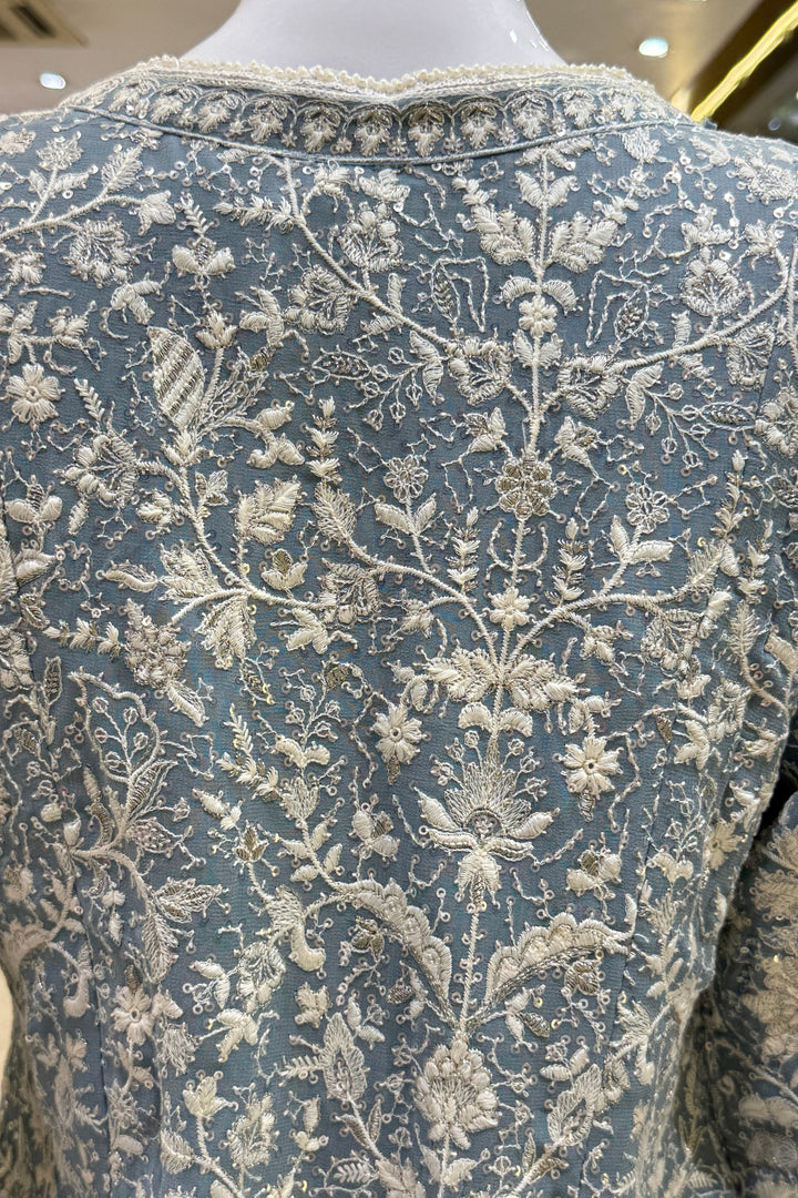 Firozi Blue Chikankari, Sequins and Zari work Palazzo Suit Set