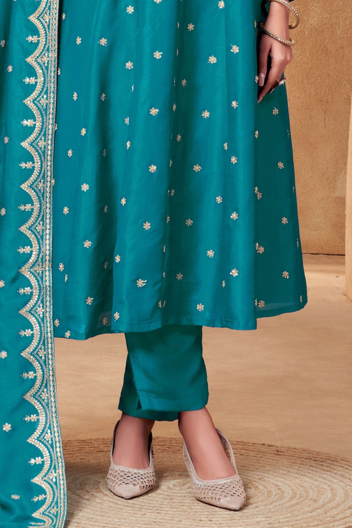 Rama Blue Zari, Zardozi, Sequins and Stone work A-line Cut Salwar Suit
