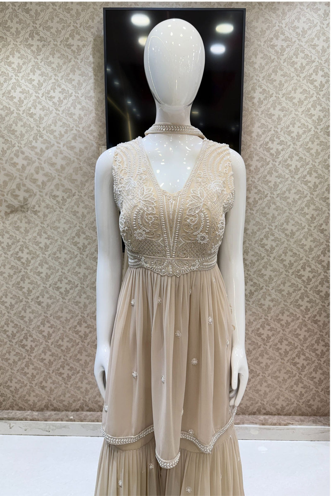 Beige Beads, Sequins and Thread work Peplum Top with Sharara Suit Set