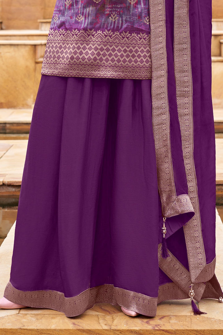 Purple Mirror, Zari, Beads, Stone and Banaras work with Digital Print Palazzo Salwar Suit