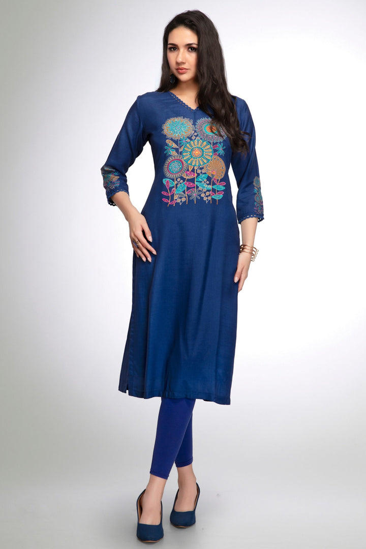Royal Blue Embroidery and Stone work Calf Length Kurti