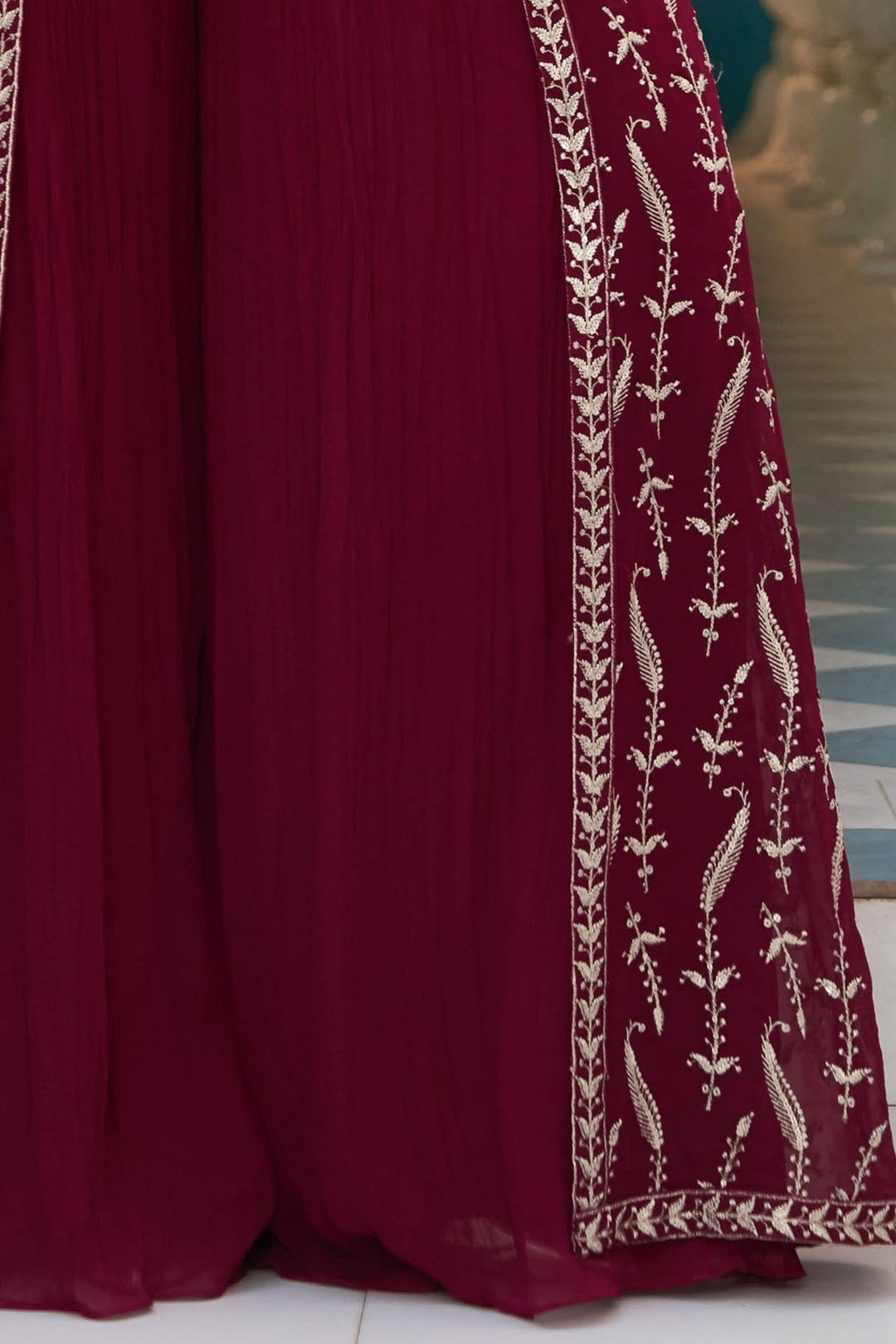 Maroon Sequins and Zari work Crop Top with Long Over Coat Palazzo Set