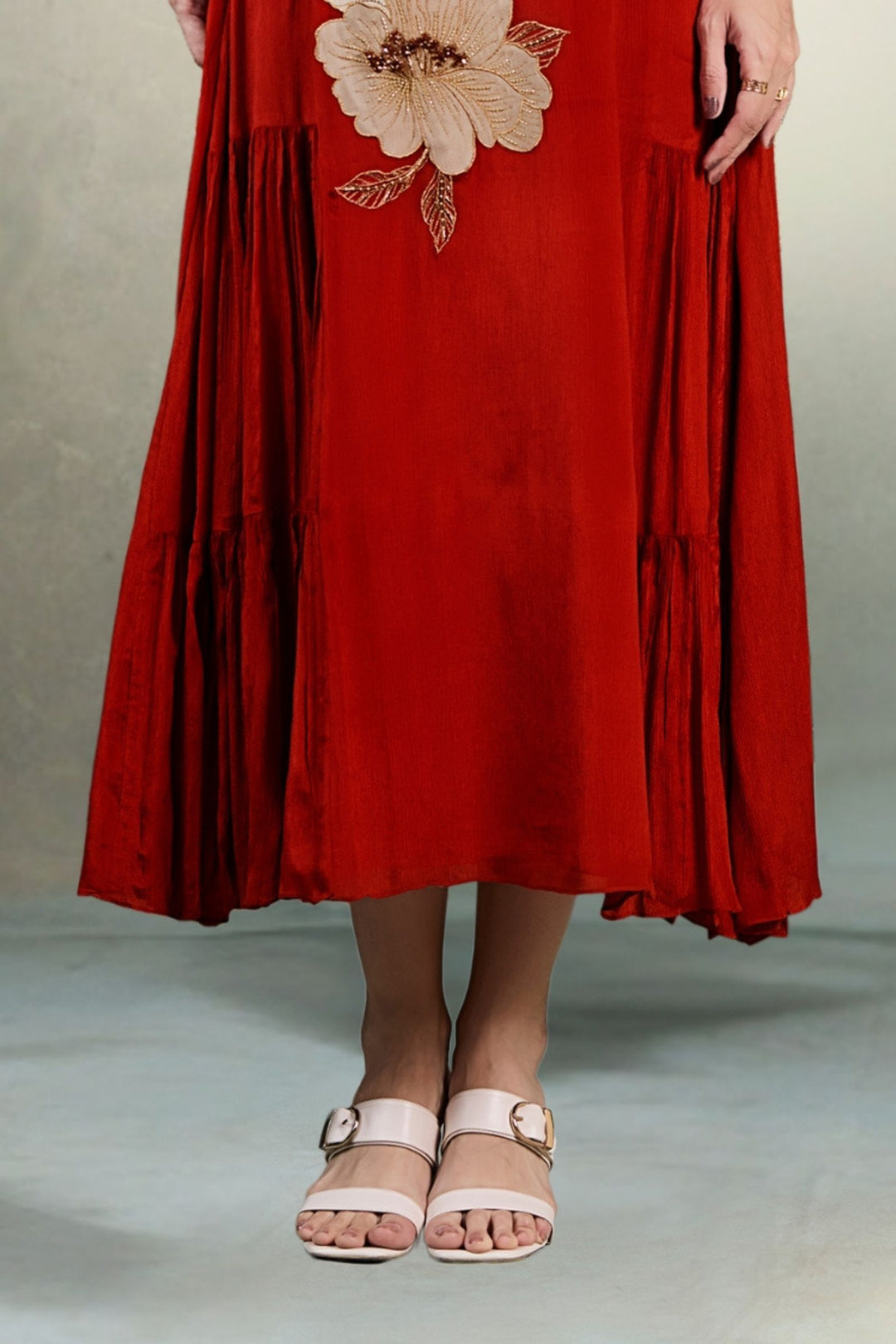 Rust Beads and Zari work Anarkali Styled Long Kurti