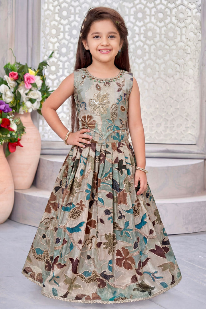 Multicolor Digital Print, Zari, Sequins, Beads and Stone work Lehenga Choli for Girls