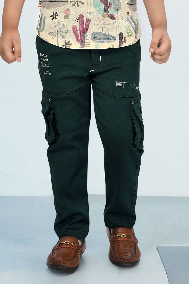 Cream with Multicolor Digital Print Casual wear Shirt and Green Pant Set for Boys