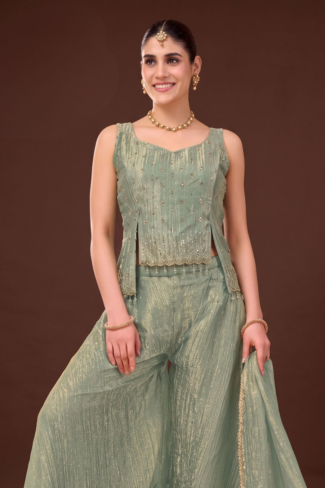 Sea Green Beads and Stone work Palazzo Set