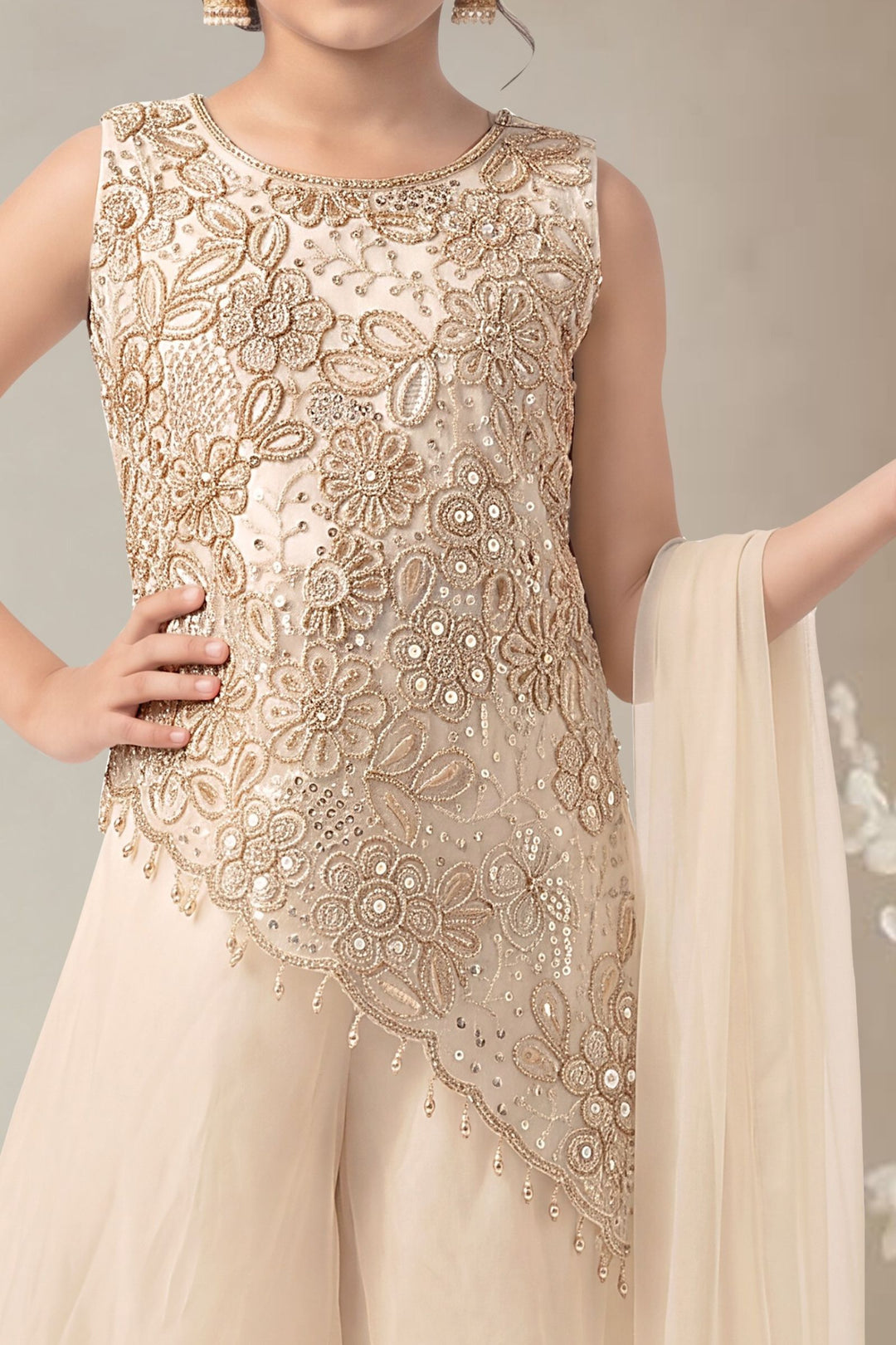 Cream Beads, Sequins and Thread work Palazzo Suit Set for Girls