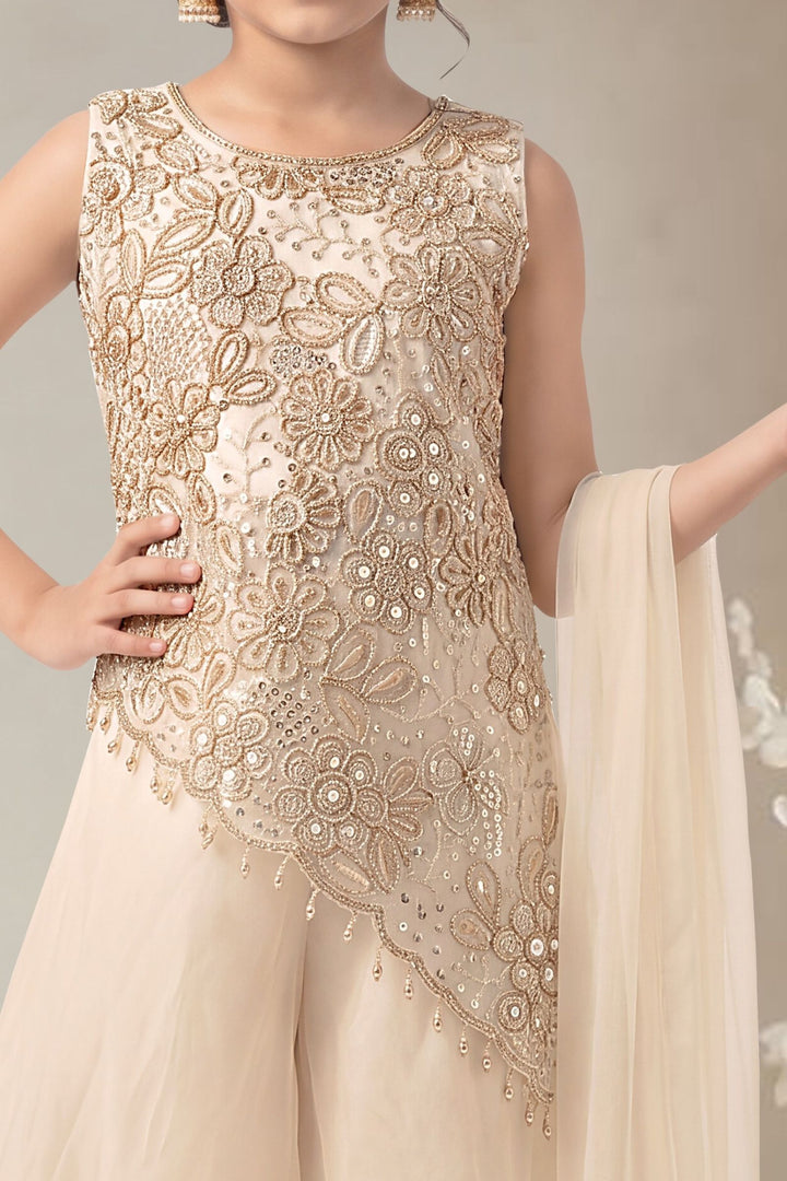 Cream Beads, Sequins and Thread work Palazzo Suit Set for Girls