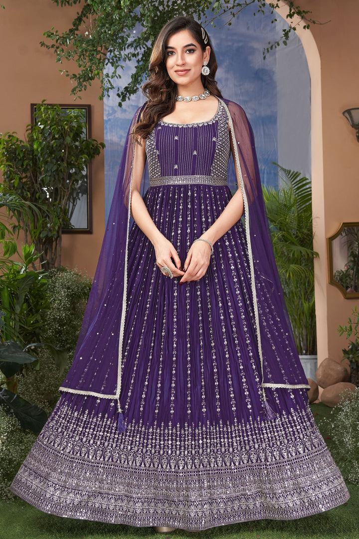 Purple Zari, Beads, Stone and Zardozi work Floor Length Anarkali Suit