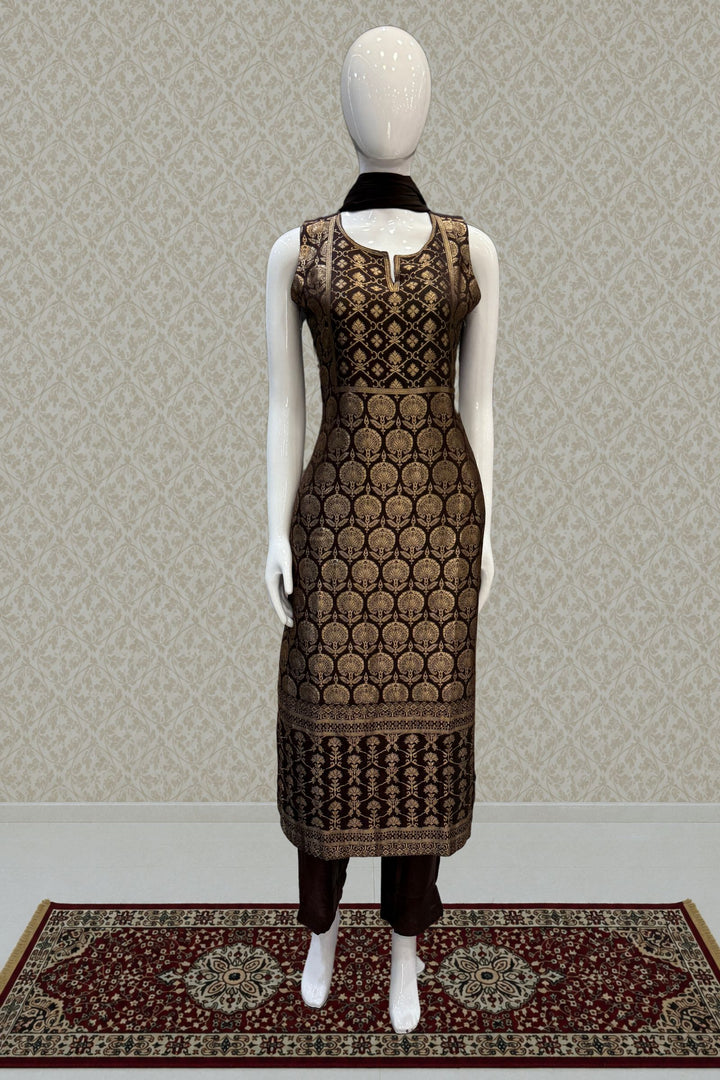 Brown Banaras work Straight Cut Salwar Suit