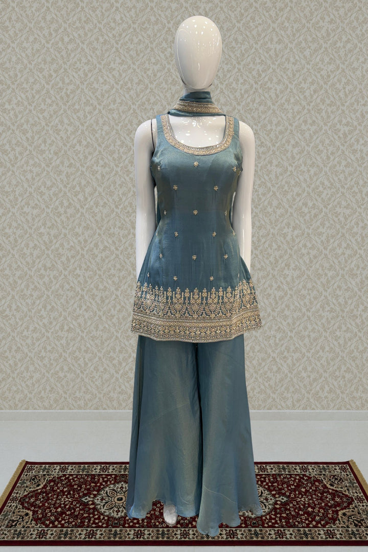 Sea Blue Beads, Zari and Sequins work Top with Flared Palazzo Set