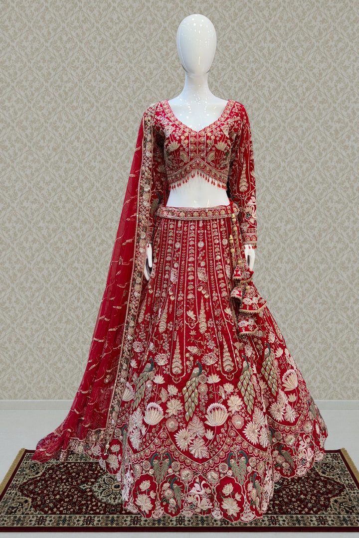 Red Beads, Embroidery, Zari, Sequins and Zardozi work Crop Top Designer Bridal Lehenga