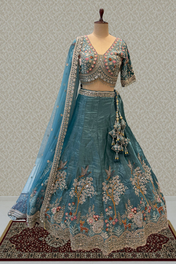 Bridal Organza Lehenga with Hand-Embroidered Birds and Floral Forest Motifs