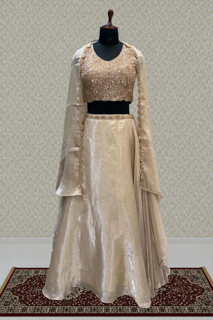 Gold Sequins and Beads work Choli with Lehenga and Draped Cape