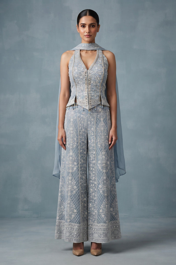 Sky Blue Halter Neck Palazzo Set with Chikankari, Beads, Sequins, Mirror and Stone Detailing
