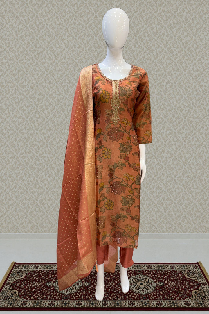 Rust Orange Sequins, Beads, Zardozi and Banaras work Straight Cut Salwar Suit