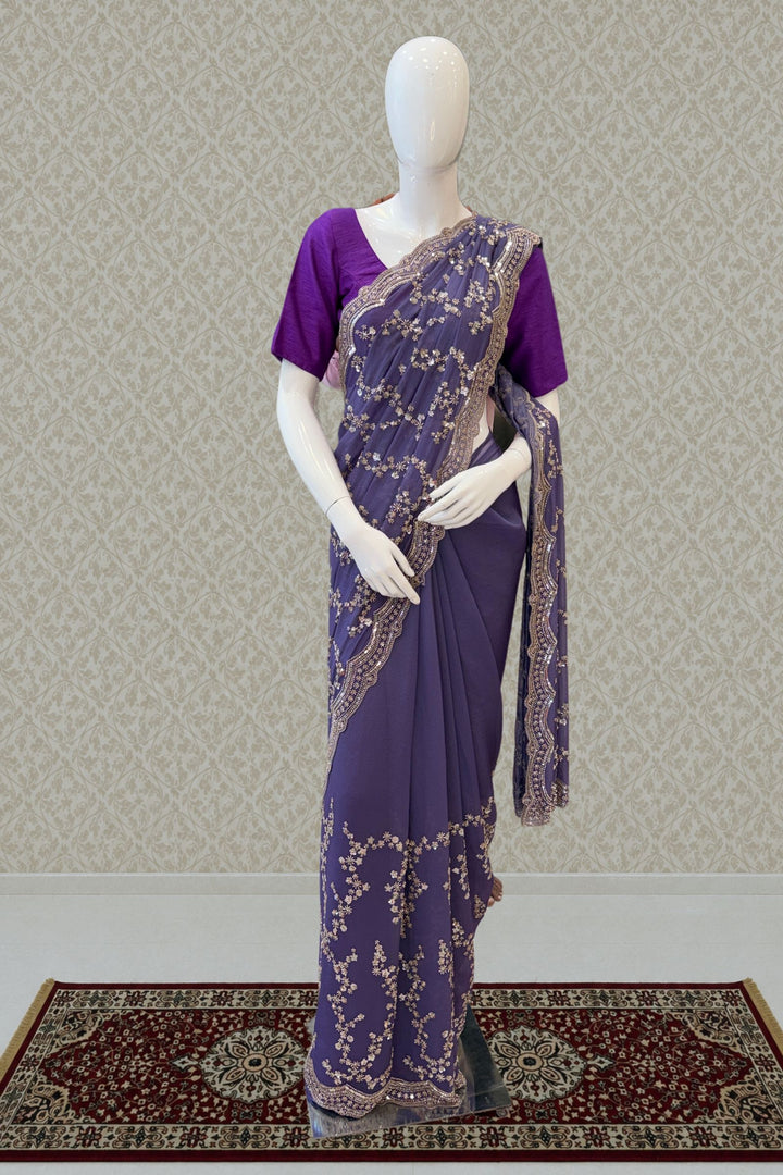 Purple Sequins, Beads and Zari work Saree