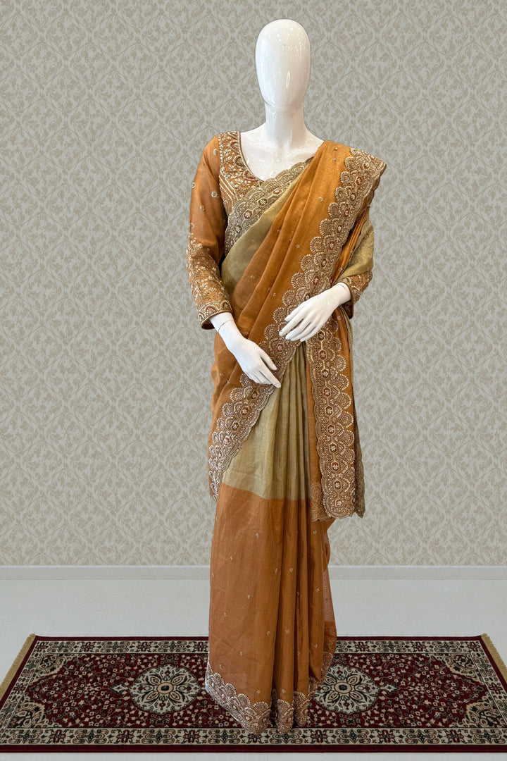 Copper Gold Beads, Sequins and Pearl work Saree