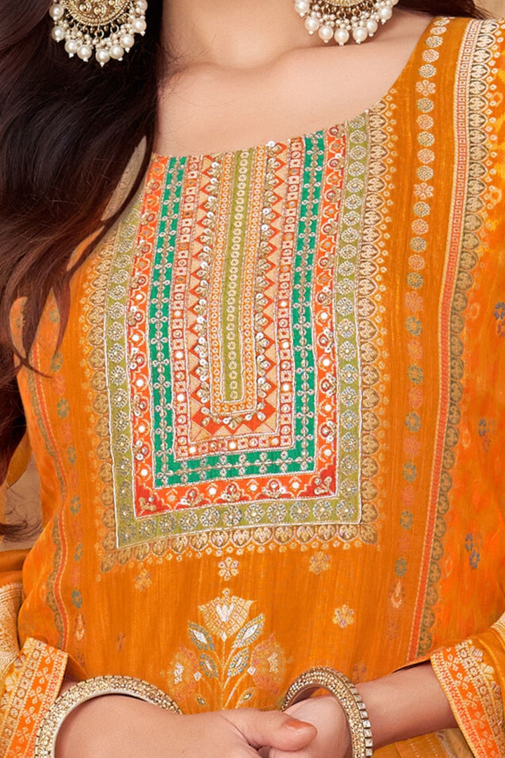 Mustard Banaras, Beads and Sequins work Straight Cut Salwar Suit