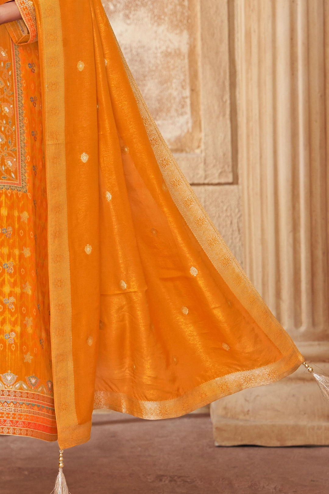 Mustard Banaras, Beads and Sequins work Straight Cut Salwar Suit